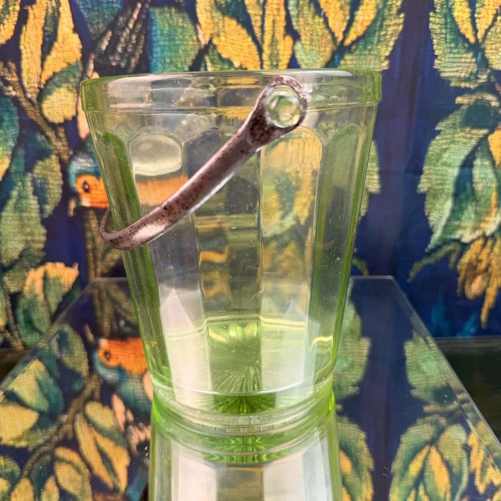 Vintage Green Uranium Glass Ice Bucket Paneled Vaseline Glass Glows UV 6 Inch